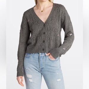 NWT The General Good Gray Mancora V-Neck Floral Embroidered Cardigan Sweater